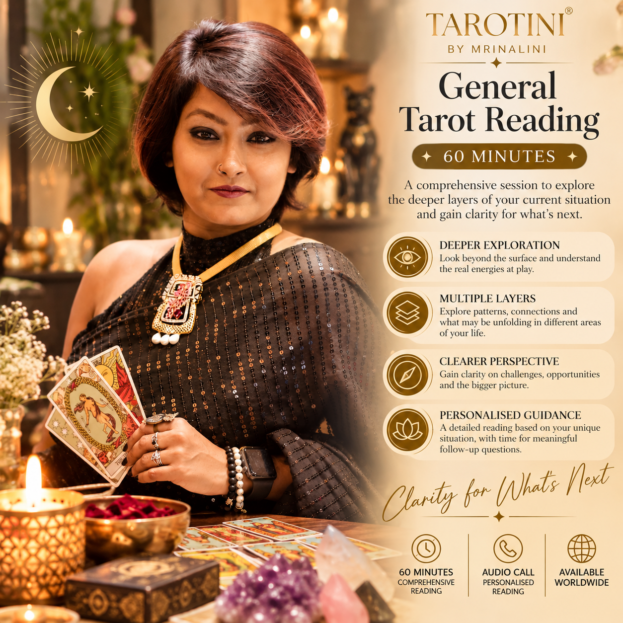 Online general tarot reading with Mrinalini from TAROTINI - deep exploration of themes and what may unfold