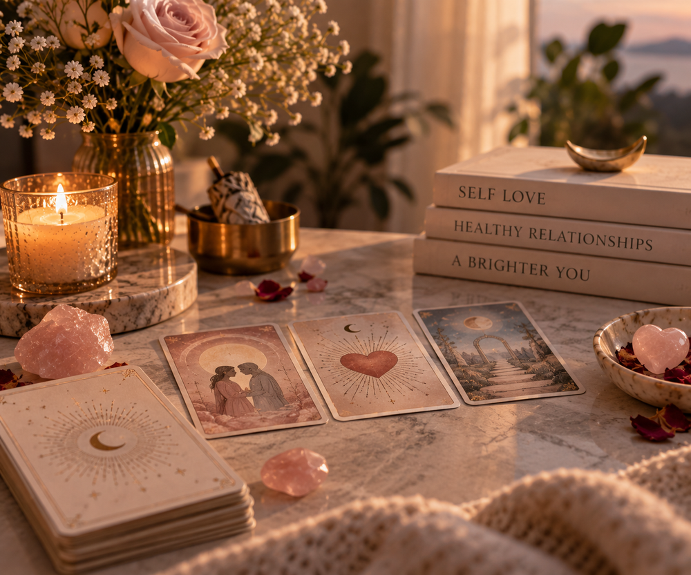 Love tarot card reading spread with rose quartz crystals — relationship tarot reading online with TAROTINI